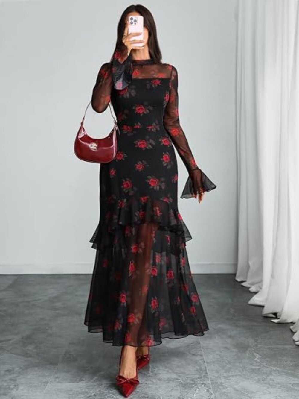 Women Floral Maxi Dress Bell Sleeve Party Wedding Guest Dresses